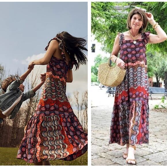 ANTHROPOLOGIE x COREY LYNN CALTER Doriane Midi Dress Red Purple Sz XS {U44} - Picture 1 of 7